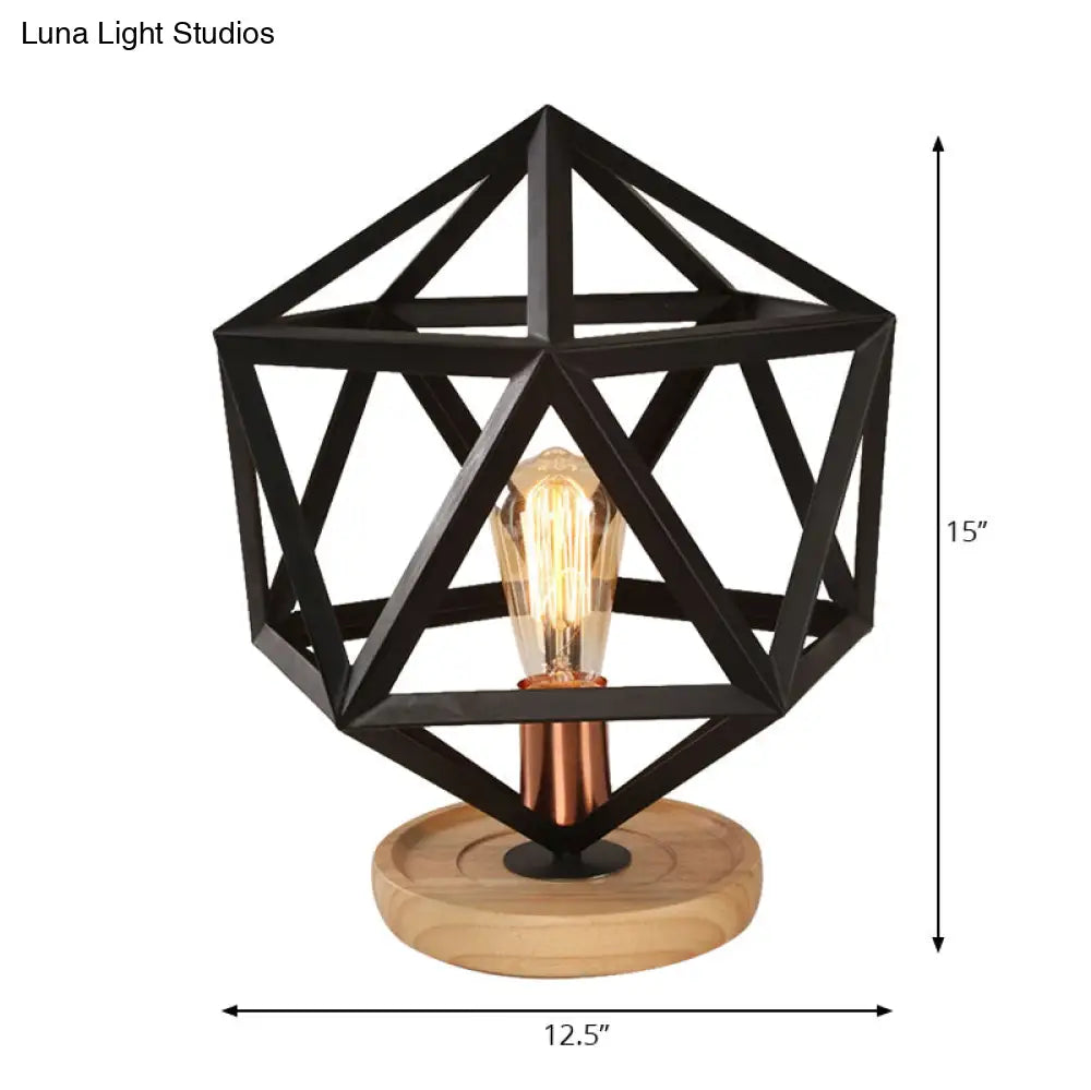 Industrial Stylish Table Lamp With Wire Guard For Bedroom - Metal And Wood Task In Black
