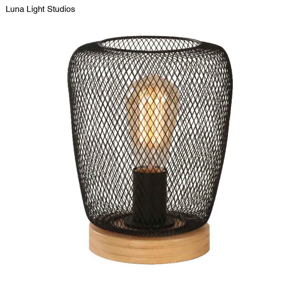 Industrial Stylish Table Lamp With Wire Guard For Bedroom - Metal And Wood Task In Black