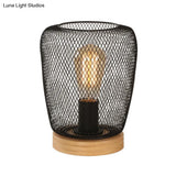 Industrial Stylish Table Lamp With Wire Guard For Bedroom - Metal And Wood Task In Black