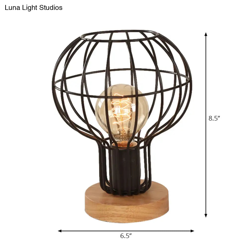 Industrial Stylish Table Lamp With Wire Guard For Bedroom - Metal And Wood Task In Black