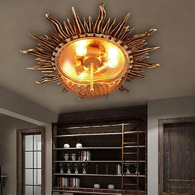 Industrial Sunburst Brass Clear Glass Ceiling Mount Flush Fixture - Perfect For Living Room