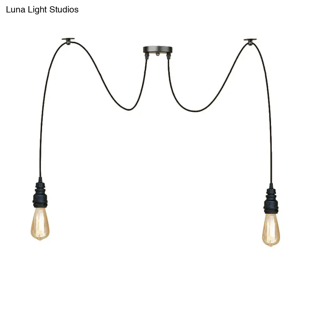Industrial Swag Hanging Lamp With Exposed Lights - Black Metal Pendant Light For Kitchen (2/3/6