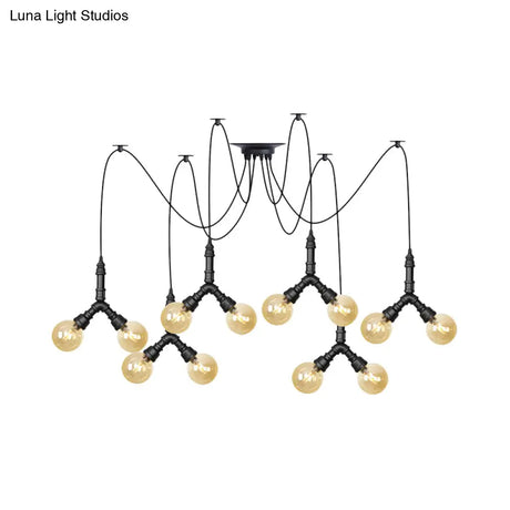 Industrial Swag Pendant Light Amber Glass Globe Multiple Ceiling Lights LED Black Finish Perfect for Restaurants!