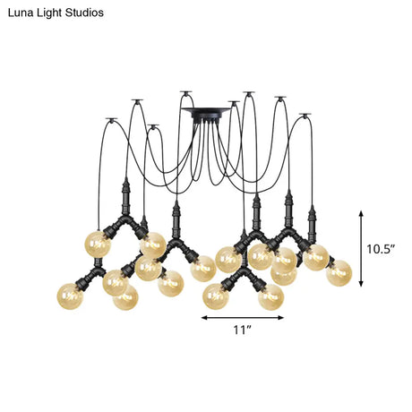 Industrial Swag Pendant Light - Amber Glass Globe Multiple Ceiling Lights Led Black Finish Perfect