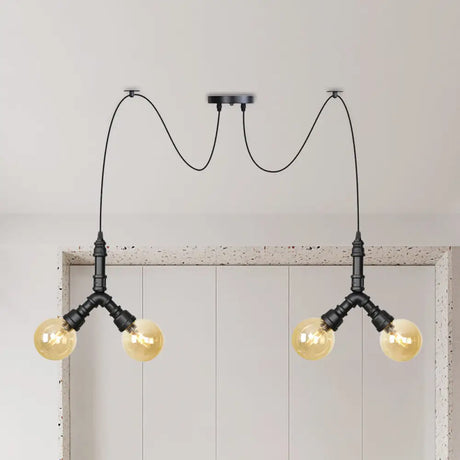 Industrial Swag Pendant Light - Amber Glass Globe Multiple Ceiling Lights Led Black Finish Perfect