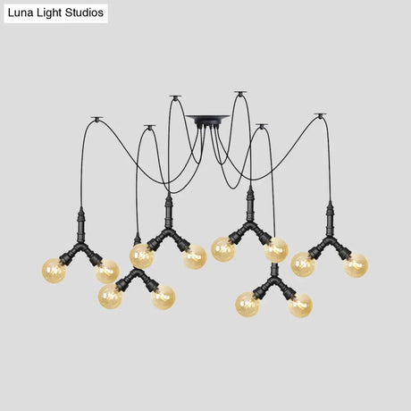 Industrial Swag Pendant Light - Amber Glass Globe Multiple Ceiling Lights Led Black Finish Perfect