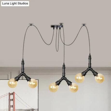 Industrial Swag Pendant Light - Amber Glass Globe Multiple Ceiling Lights Led Black Finish Perfect