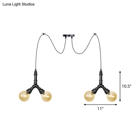 Industrial Swag Pendant Light - Amber Glass Globe Multiple Ceiling Lights Led Black Finish Perfect