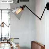 Industrial Swing Arm Wall Lamp With Conical Glass Shade - Stylish Indoor Sconce Light
