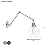 Industrial Swing Arm Wall Light With Clear Glass Conical/Bell/Global Shade In Chrome/Rust Finish