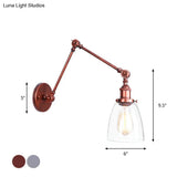 Industrial Swing Arm Wall Light With Clear Glass Conical/Bell/Global Shade In Chrome/Rust Finish