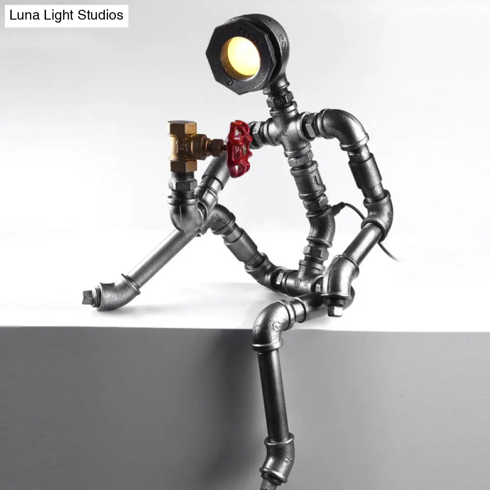 Industrial Thinking Robot Led Table Light In Silver With Red Valve - Plug-In Night Lamp