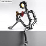 Industrial Thinking Robot Led Table Light In Silver With Red Valve - Plug-In Night Lamp