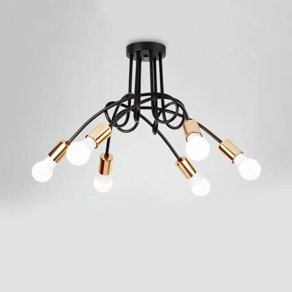 Industrial Twisted Metallic Semi-Flush Ceiling Light With Bare Bulb - Black 3/5 Lights For Hallway