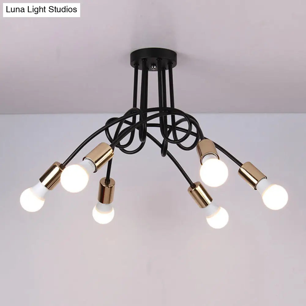 Industrial Twisted Metallic Semi-Flush Ceiling Light With Bare Bulb - Black 3/5 Lights For Hallway