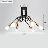 Industrial Twisted Metallic Semi-Flush Ceiling Light With Bare Bulb - Black 3/5 Lights For Hallway
