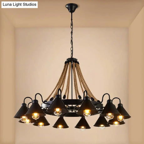 Industrial Vintage Large Chandelier With Rope And Metal Cone Shade - Perfect For Coffee Shop