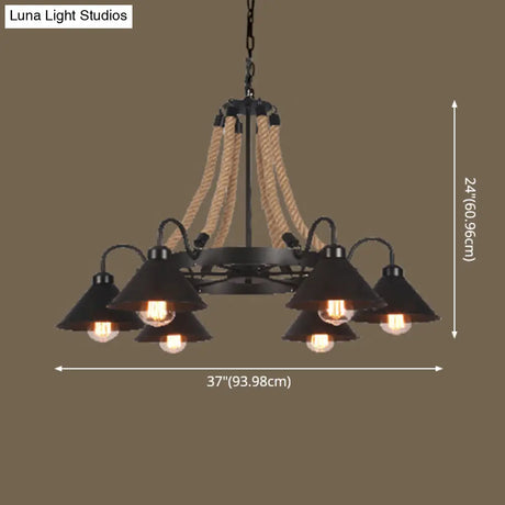 Industrial Vintage Large Chandelier With Rope And Metal Cone Shade - Perfect For Coffee Shop