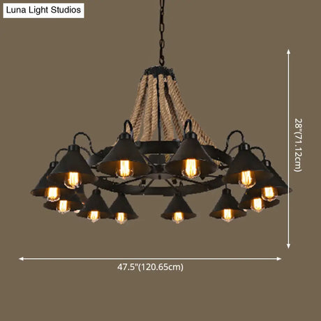 Industrial Vintage Large Chandelier With Rope And Metal Cone Shade - Perfect For Coffee Shop