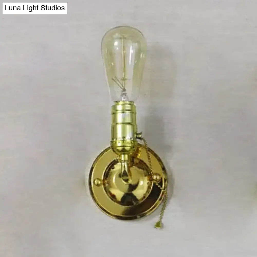Industrial Vintage Open Bulb Wall Sconce With Pull Chain - Black/Silver Finish Ideal For Bedroom