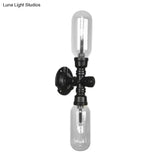 Industrial Wall Mounted Pipe Lighting With Clear Glass Black Sconce & Dual Or Quadruple Light