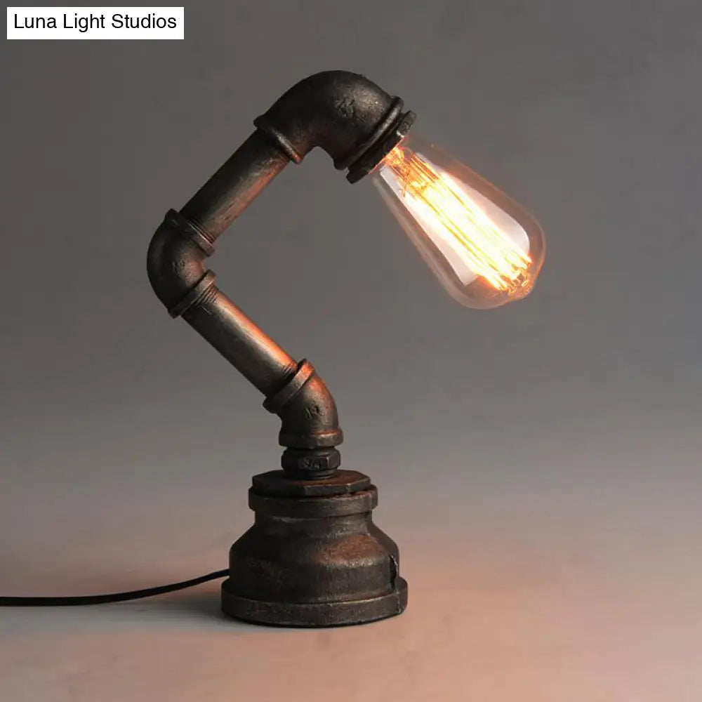 Industrial Water Pipe Table Light With Exposed Bulb - Wrought Iron Mini Standing Lamp In Bronze