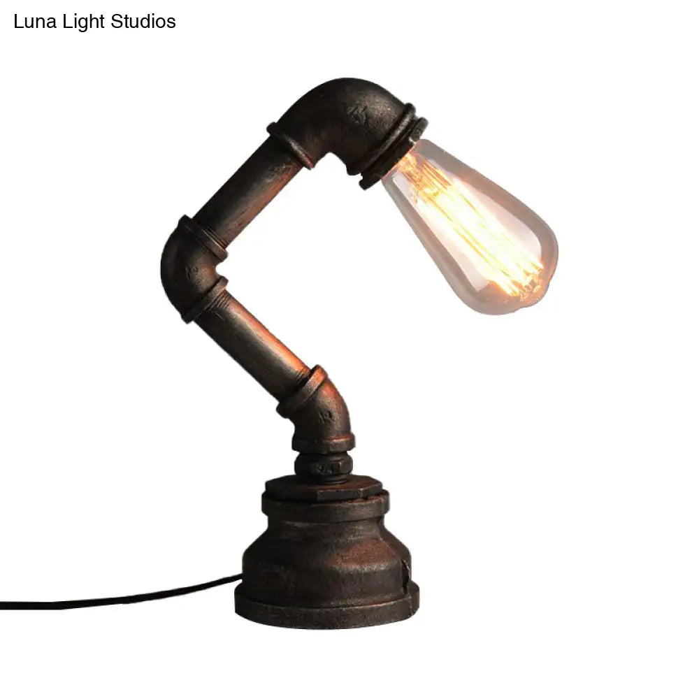 Industrial Water Pipe Table Light With Exposed Bulb - Wrought Iron Mini Standing Lamp In Bronze