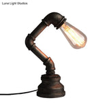 Industrial Water Pipe Table Light With Exposed Bulb - Wrought Iron Mini Standing Lamp In Bronze
