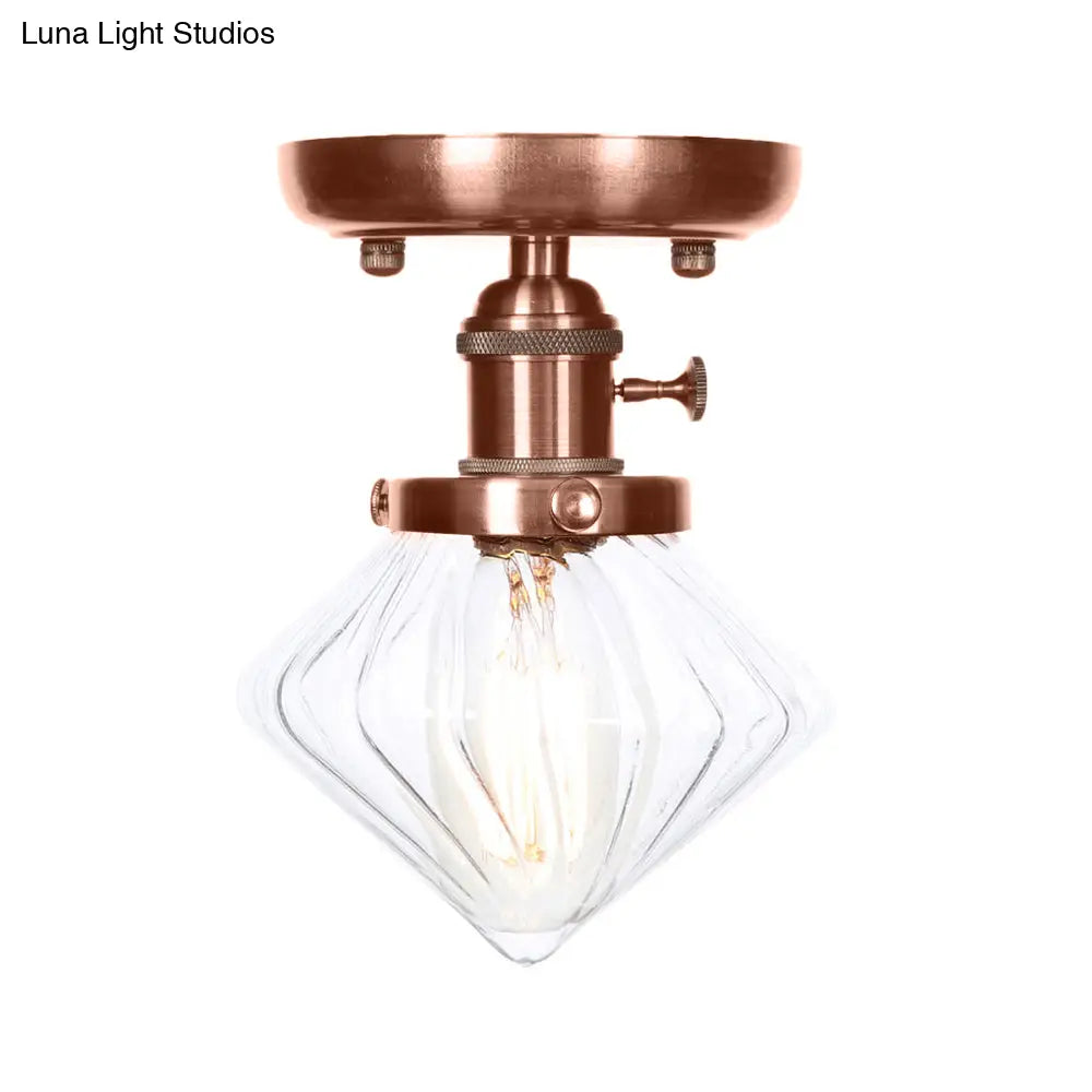 Industrial Weathered Copper Semi Flush Light With Clear/Amber Glass - 1 Cone/Bell Fixture