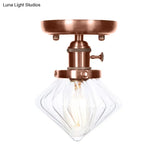 Industrial Weathered Copper Semi Flush Light With Clear/Amber Glass - 1 Cone/Bell Fixture
