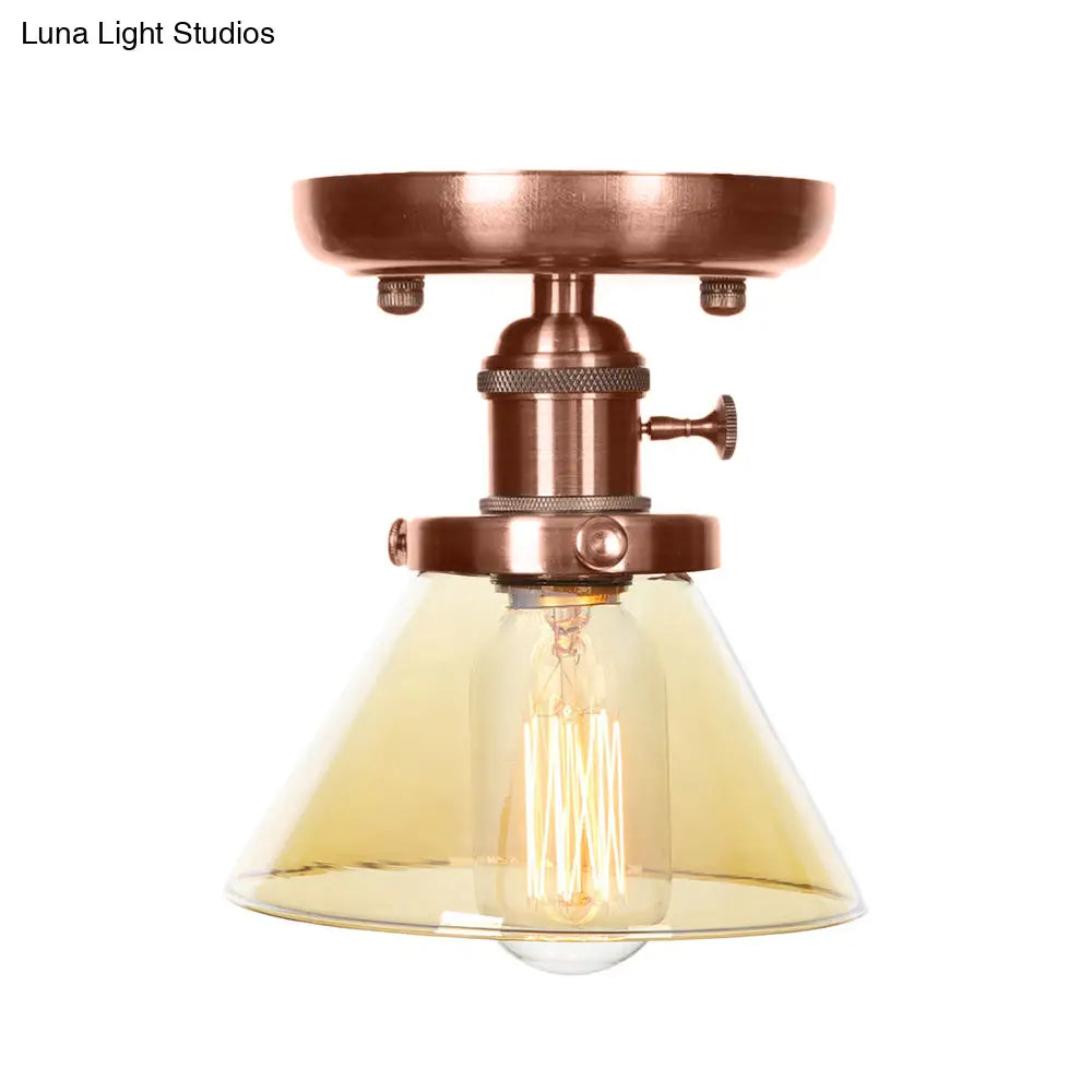 Industrial Weathered Copper Semi Flush Light With Clear/Amber Glass - 1 Cone/Bell Fixture