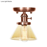 Industrial Weathered Copper Semi Flush Light With Clear/Amber Glass - 1 Cone/Bell Fixture