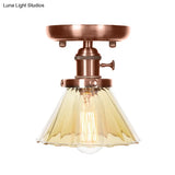 Industrial Weathered Copper Semi Flush Light With Clear/Amber Glass - 1 Cone/Bell Fixture