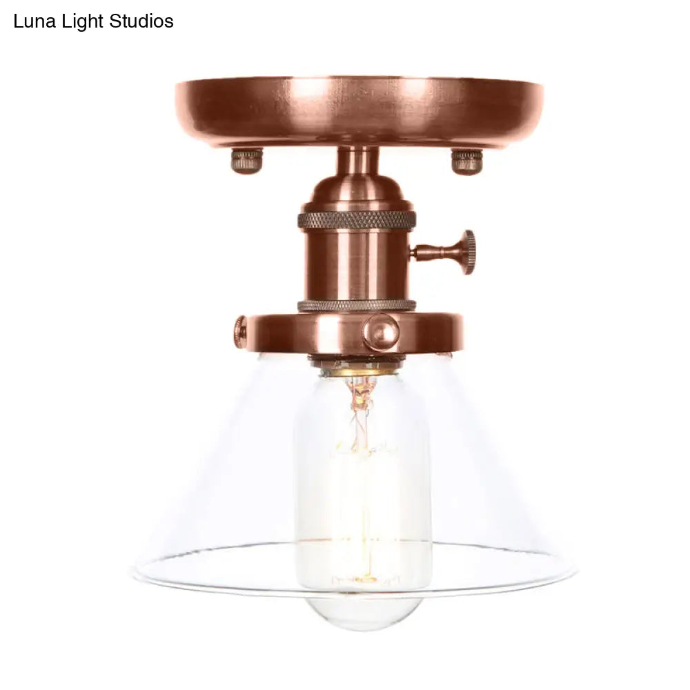 Industrial Weathered Copper Semi Flush Light With Clear/Amber Glass - 1 Cone/Bell Fixture