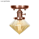 Industrial Weathered Copper Semi Flush Light With Clear/Amber Glass - 1 Cone/Bell Fixture