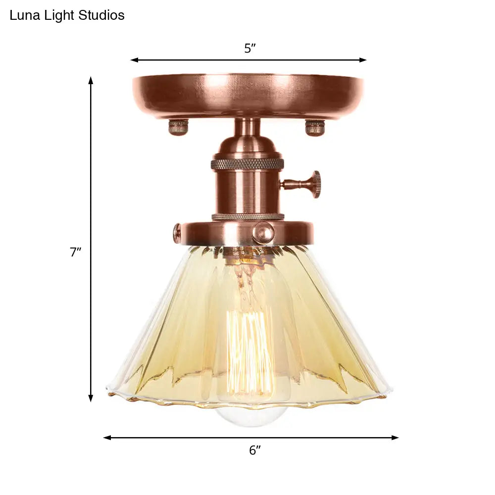 Industrial Weathered Copper Semi Flush Light With Clear/Amber Glass - 1 Cone/Bell Fixture