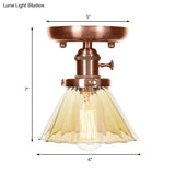 Industrial Weathered Copper Semi Flush Light With Clear/Amber Glass - 1 Cone/Bell Fixture