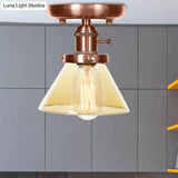 Industrial Weathered Copper Semi Flush Light With Clear/Amber Glass - 1 Cone/Bell Fixture
