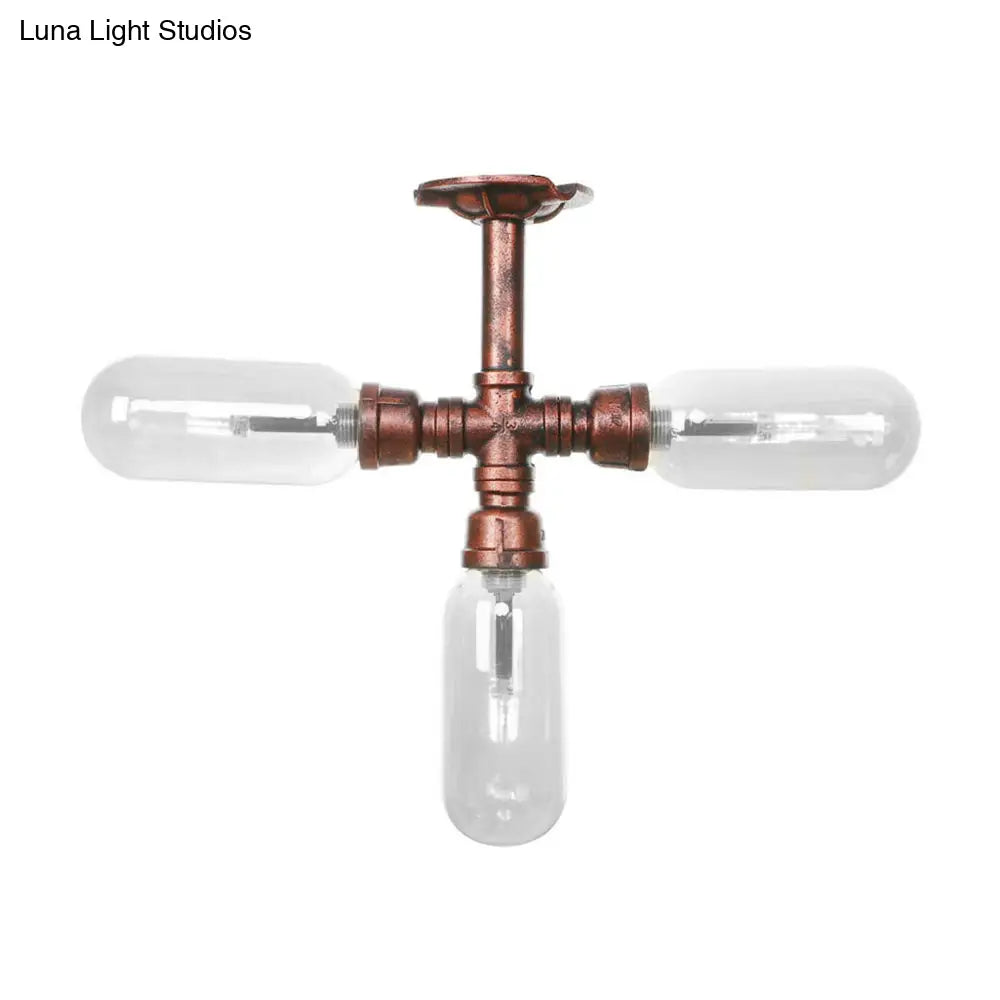 Industrial Weathered Copper Semi Mount Indoor Ceiling Light With Clear Glass And Pipe Design -