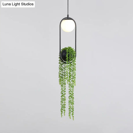 Industrial White Glass Bedroom Pendant Lamp With Spherical Design And Black Cage