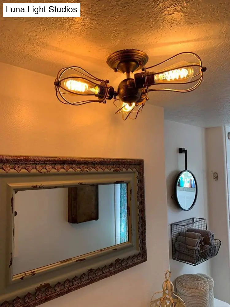 Industrial Wire Cage Metal Bedroom Ceiling Light - Rustic Close-To-Ceiling Mount