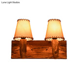 Industrial Wood Sconce Light Fixture For Dining Room - 1/2-Light Tapered Wall Lamp With Fabric Shade
