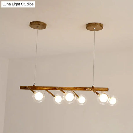 Industrial Wooden Chandelier Branching Drop Pendant 6/8 Head Brown With Modo Clear Glass Shade For
