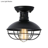 Iron Barn Flush Mount Ceiling Lamp In Antiqued Bronze/Coffee With Cage - Perfect For Living Room