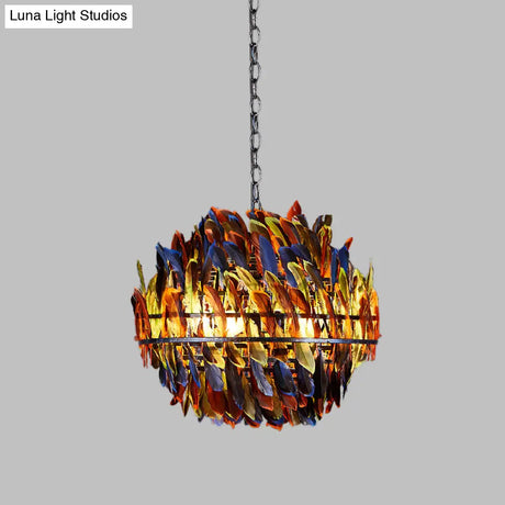 Iron Blue Ceiling Chandelier: Industrial 4-Light Suspension Lamp With Multicolor Feather Deco