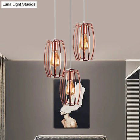 Iron Copper Hanging Lamp With Oval Cage Shade - Industrial Ceiling Fixture 3 Bulbs Stylish Lighting