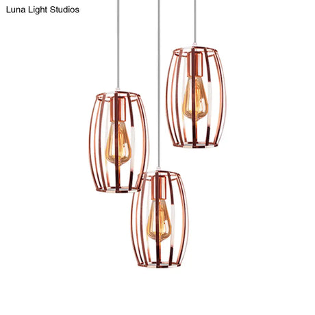 Iron Copper Hanging Lamp With Oval Cage Shade - Industrial Ceiling Fixture 3 Bulbs Stylish Lighting