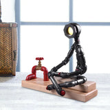 Iron Cross Legged Table Lamp With Industrial Led Valve Deco And Wood Base - Black Finish Perfect For