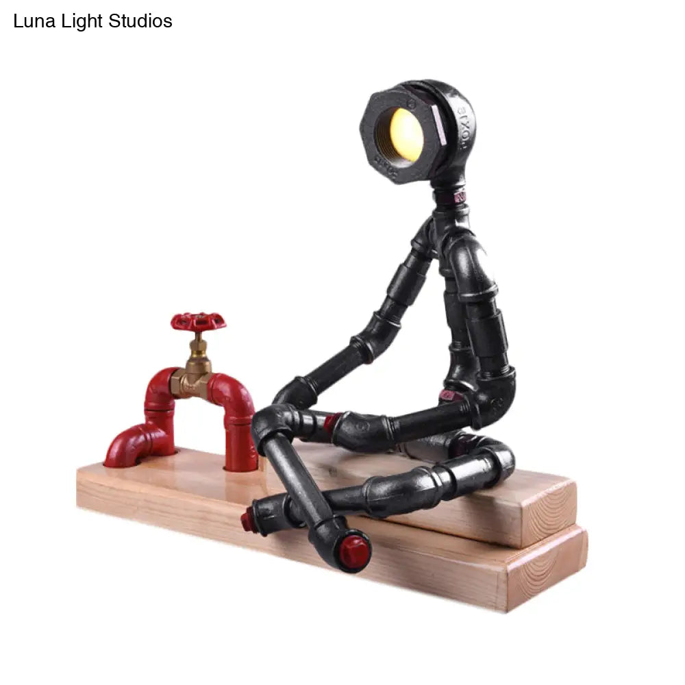 Iron Cross Legged Table Lamp With Industrial Led Valve Deco And Wood Base - Black Finish Perfect For