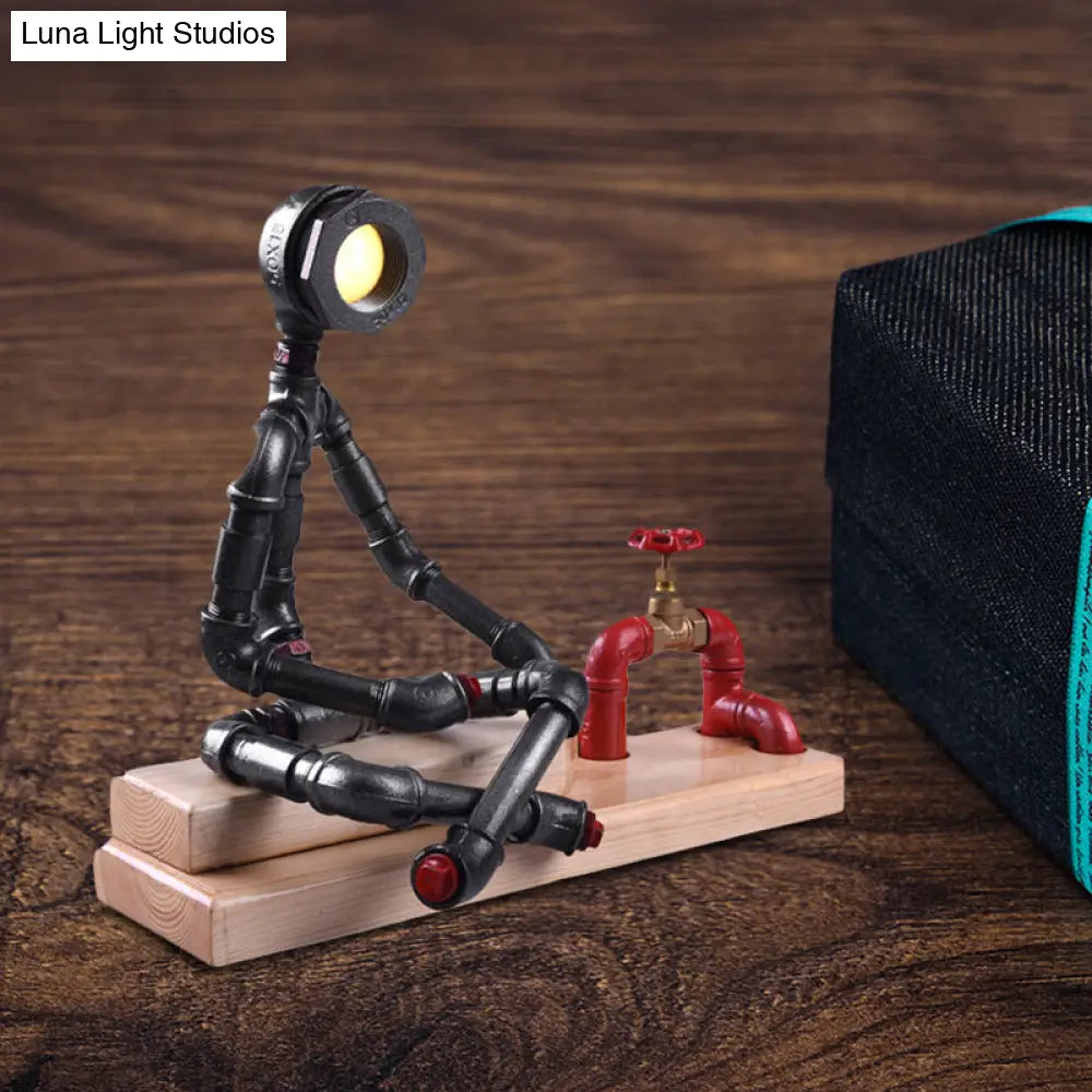 Iron Cross Legged Table Lamp With Industrial Led Valve Deco And Wood Base - Black Finish Perfect For